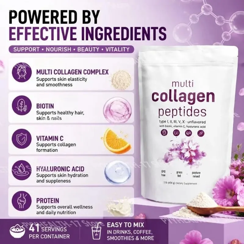 Péptidos múltiples de colágeno en polvo tipos I II III V con biotina, vitamina C y ácido hialurónico que soporta la piel, el cabello y las uñas para hombres y mujeres — image 3