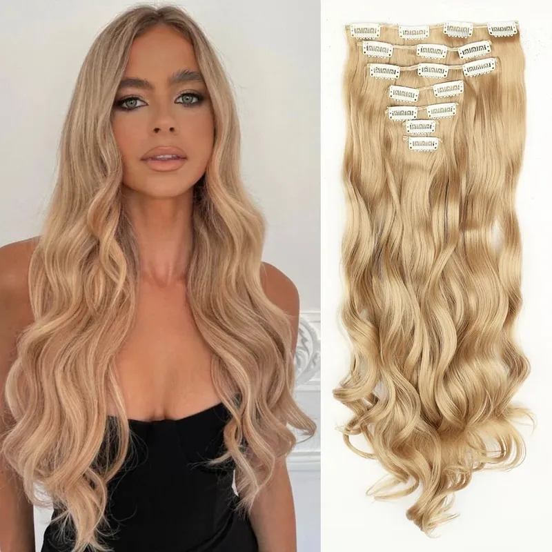 Synthetic 24Inch 16 Clips In Hair Extensions 7Pcs/Set Long Wavy Hairstyles Blonde Brown Heat Resistant Hairpiece For Women — image 2