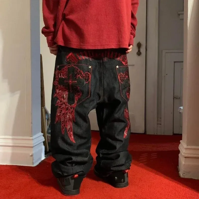 High Street Gothic Embroidered Men Black Red Pattern Y2K High Waist Jeans American Retro Street Couple Casual Pants — image 6