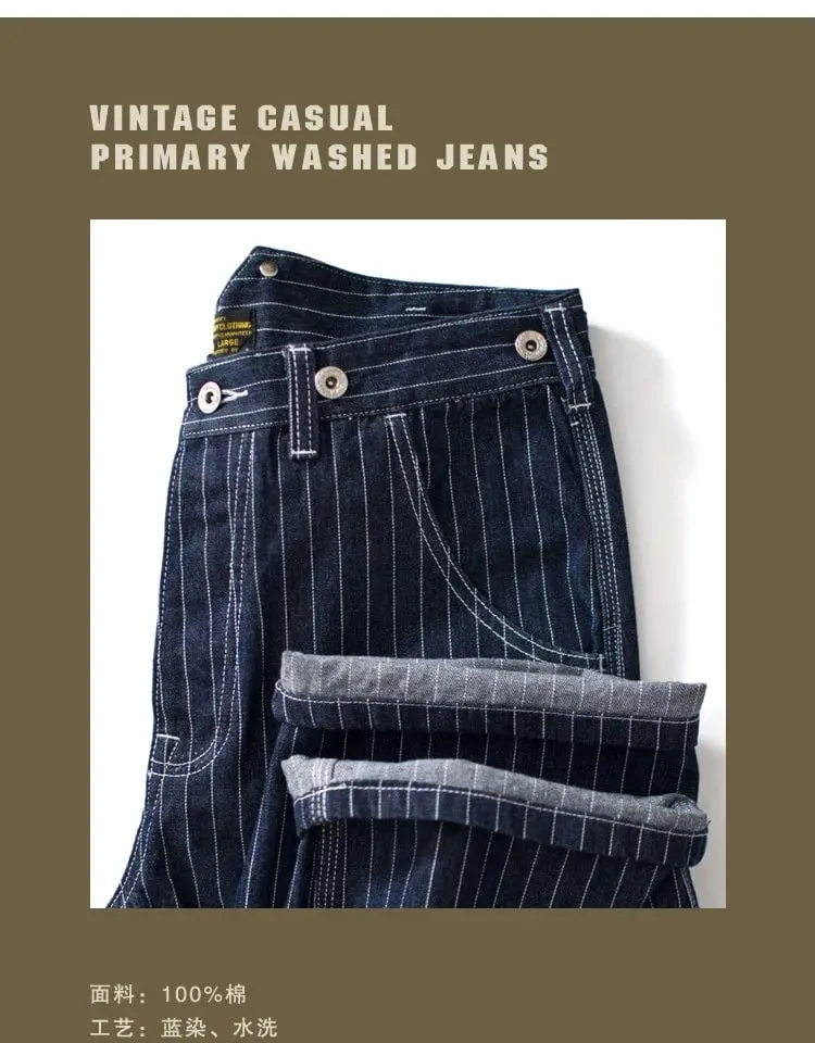 13.5oz Paris Buckle Vintage Vertical Striped Raw Blue Denim Jeans Men Amekaji Wide Leg Loose Straight Bib Suit Pants Handsome — image 7