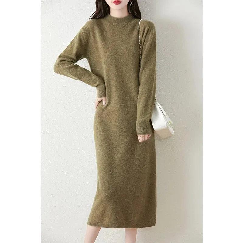 Autumn Winter Women's Wool Long Dress Cashmere Mock Neck Pullover Sweater 100% Merino Wool Soft Knitwear OL Simple Basic Dress — image 10