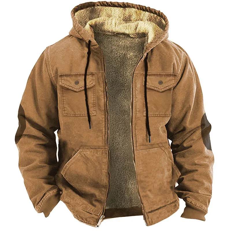 Men's Winter Fleece Hoodies Solid Patchwork Fashion Hooded Windbreaker Jacket Male Loose Work Wear Clothes Sweatshirt Outwear — image 7