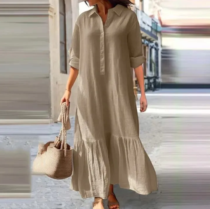 Cotton Linen Long Dress Women Long Sleeve Button Solid Color Casual Ruffles Loose Dresses Spring Autumn Comfortable Shirt Dress — image 10