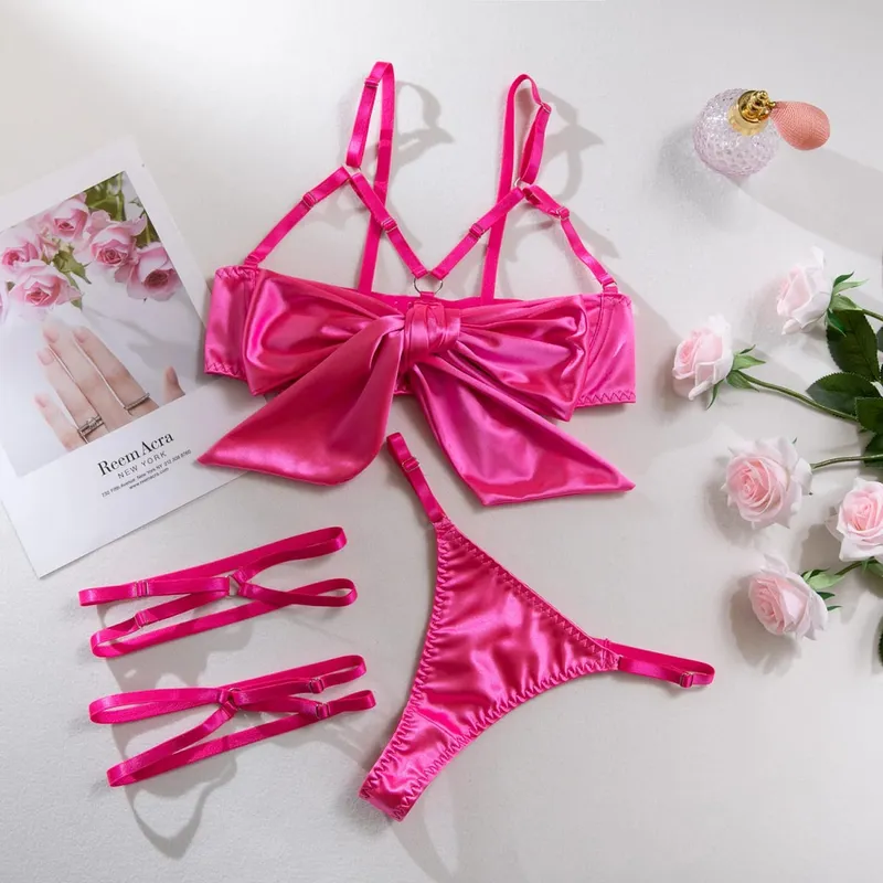 Sexy Solid Stain Lingerie Set Women's Hollow Out Bow Lace Up Exotic Apparel Suit Pure Desire Style Uniform Underwear Bra & Brief — image 2
