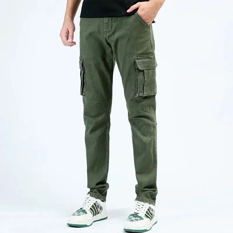 Men's Street Style Elastic Waist Denim Cargo Pants Solid Color Washed Slim Fit Casual Jeans with Multiple Pockets for Daily Wear — image 13