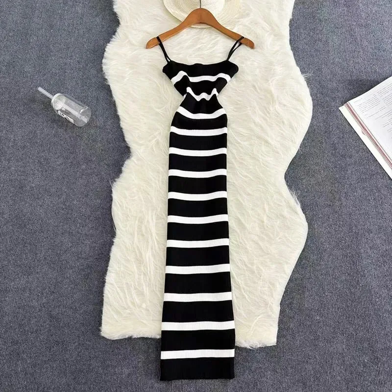 Summer Stripe Elastic Bodycon Strap Kjole 2024 Sexet Strand Solkjole Kvinder Casual Slank Blyant Vestidos Maxi Lang Kjole