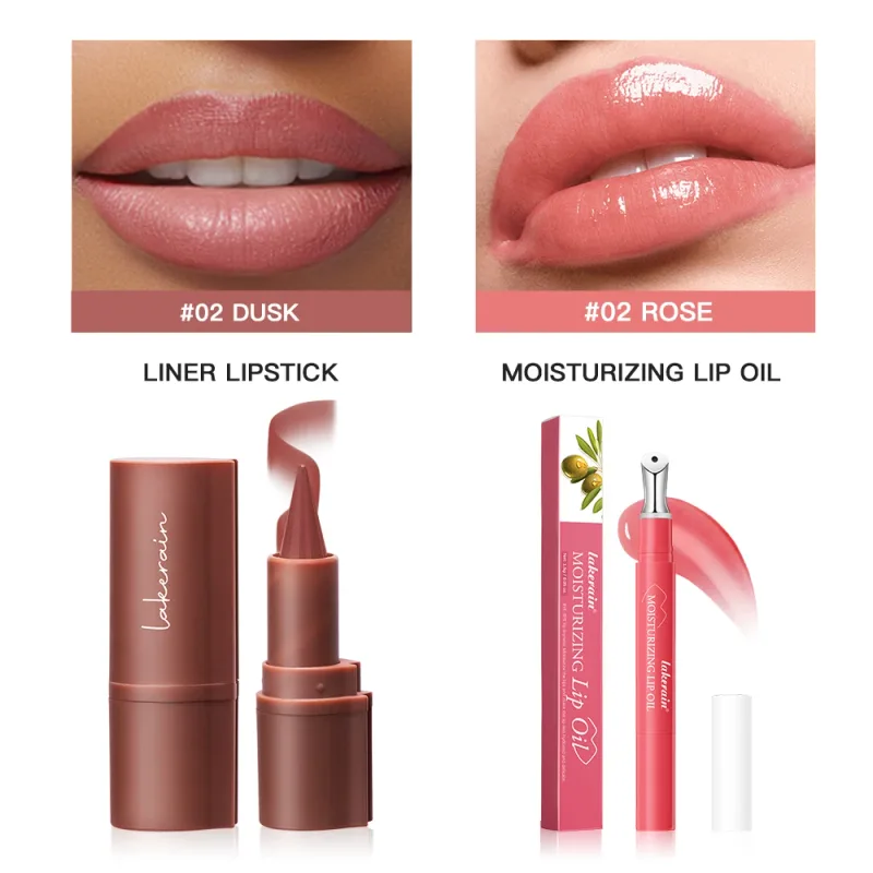 2Pcs Lip Liner & Lip Gloss Set Matte Black Brown Velvet Lipstick Waterproof Non-sticky Contour Lipliner Crayon Lip Makeup Tint