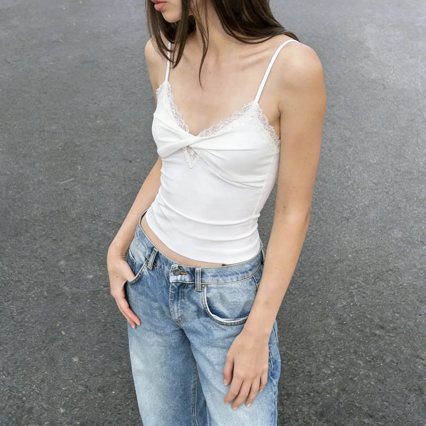 Coquette Lace V Neck Twist Depan Cami Top Spaghetti Strap Slim Kamisol Y2K Daily Sleeveless Tank Top Kasual Summer New — image 3