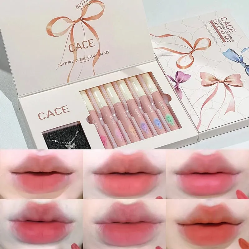 6 Colors Matte Liquid Lipstick Makeup Sets Matte Long Lasting Lipgloss Tint Waterproof Lip Mud With Necklace Gift Cosmetics