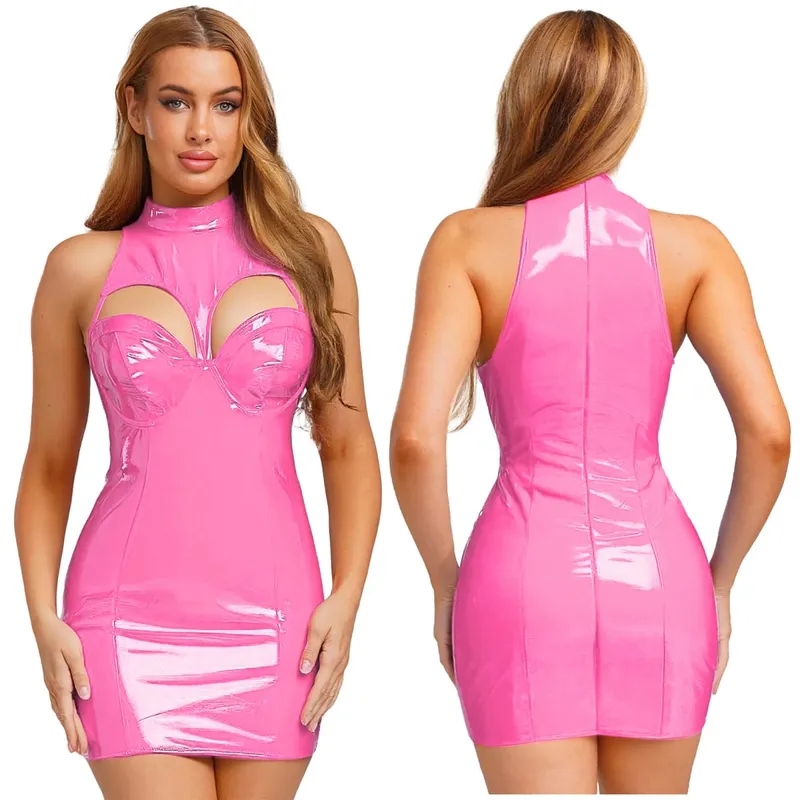 Minivestido feminino de couro pu com aparência molhada, gola simulada, sem mangas, sutiã push-up, bodycon, vestido tubo, roupa de balada para festas raves
