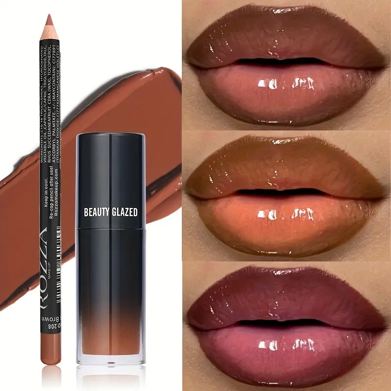 2pcs/Set Smooth Lip Liner+Lip Oil Set Lip Combo Waterproof Lip Liner Makeup Long-Lasting Moisturizing Lip Makeup Lip Plump — image 2