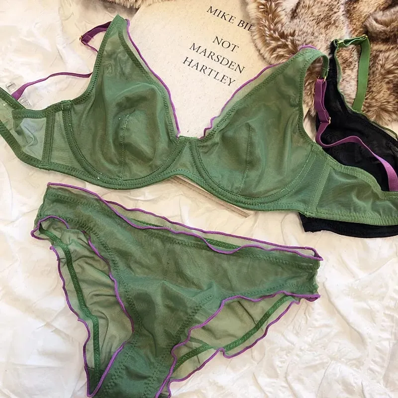 Bra Minimiser Perancis Canggih Set Lingerie Jaring Tanpa Bantalan Dukungan Underwire Cangkir Segitiga untuk Set Celana Dalam MOYISU Payudara Besar — image 9