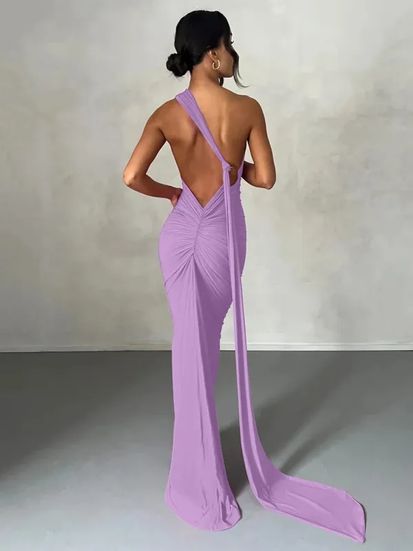 Hugcitar One Shoulder Backless Adjustable Scarf Loop Ruched Sexy Maxi Dress Women Elegant Y2K Streetwear Festival Outfit — image 19
