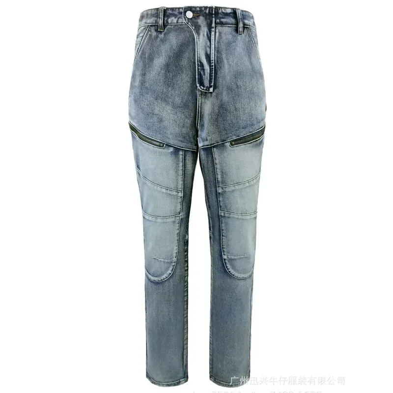 Jeans Men Long Pant Denim Pants Zipper Straight Trousers Pockets Splice Slim Fit Hole High Waist Casual Autumn spring 2026
