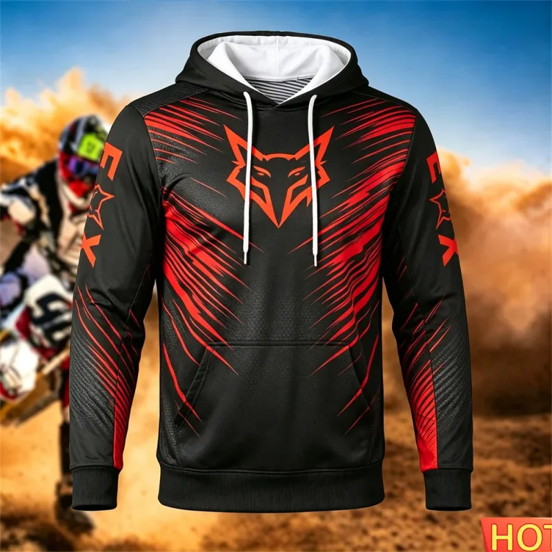 Sweat à capuche de course pour hommes, automne/hiver, cyclisme en plein air, pull à capuche, motif renard, poche, sport, moto, sweat-shirt à capuche — image 6