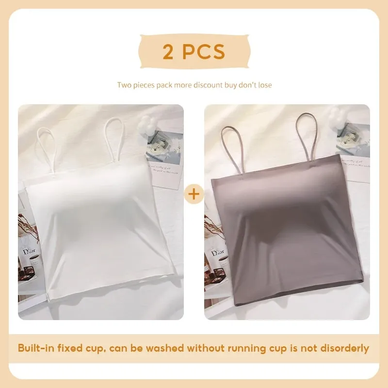 FallSweet 2PCS/set Summer Girls Ice Silk Camisoles Non-wire Bra Tanks Tops Comfort Soft Invisible Underwear Sexy Female Lingerie