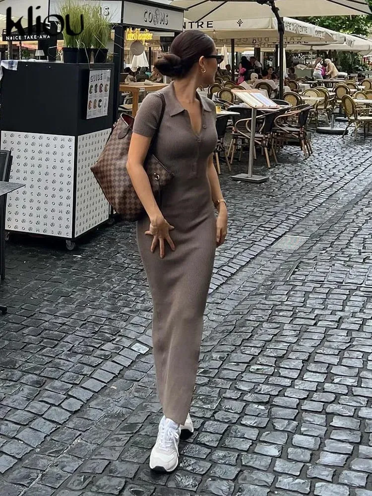 Kliou Elegant Office Lady Maxi Dress Women Solid Fashion Turn-down Collar Short Sleeve Button Side Slit Body-Shaping Street Robe — image 3