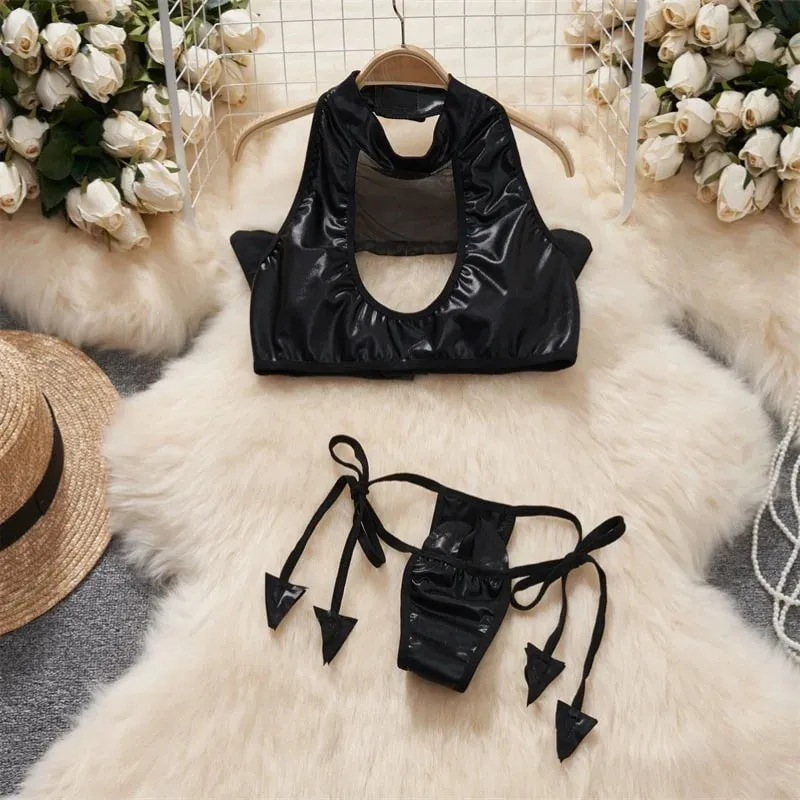 Women' Halter Neck Sleeveless Playsuit Sexy Cute Cow Black And White Contrast Bodysuit Hollow Lace Up Backless Erotic Lingerie — image 21