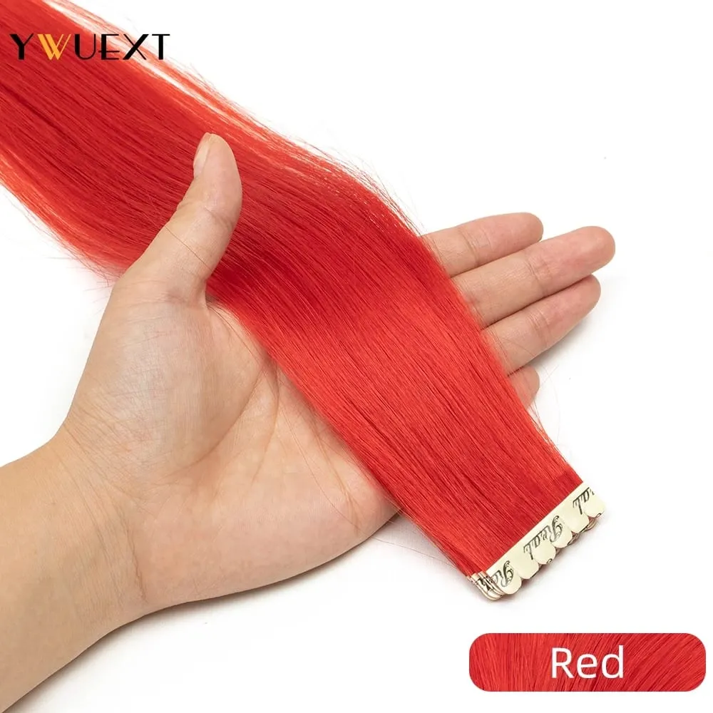 Highlight Red Human Hair Tape In Extensions 12" 16" 20" 24“ Natural Straight Machine Remy Tape In Hair On Glue Adhesive