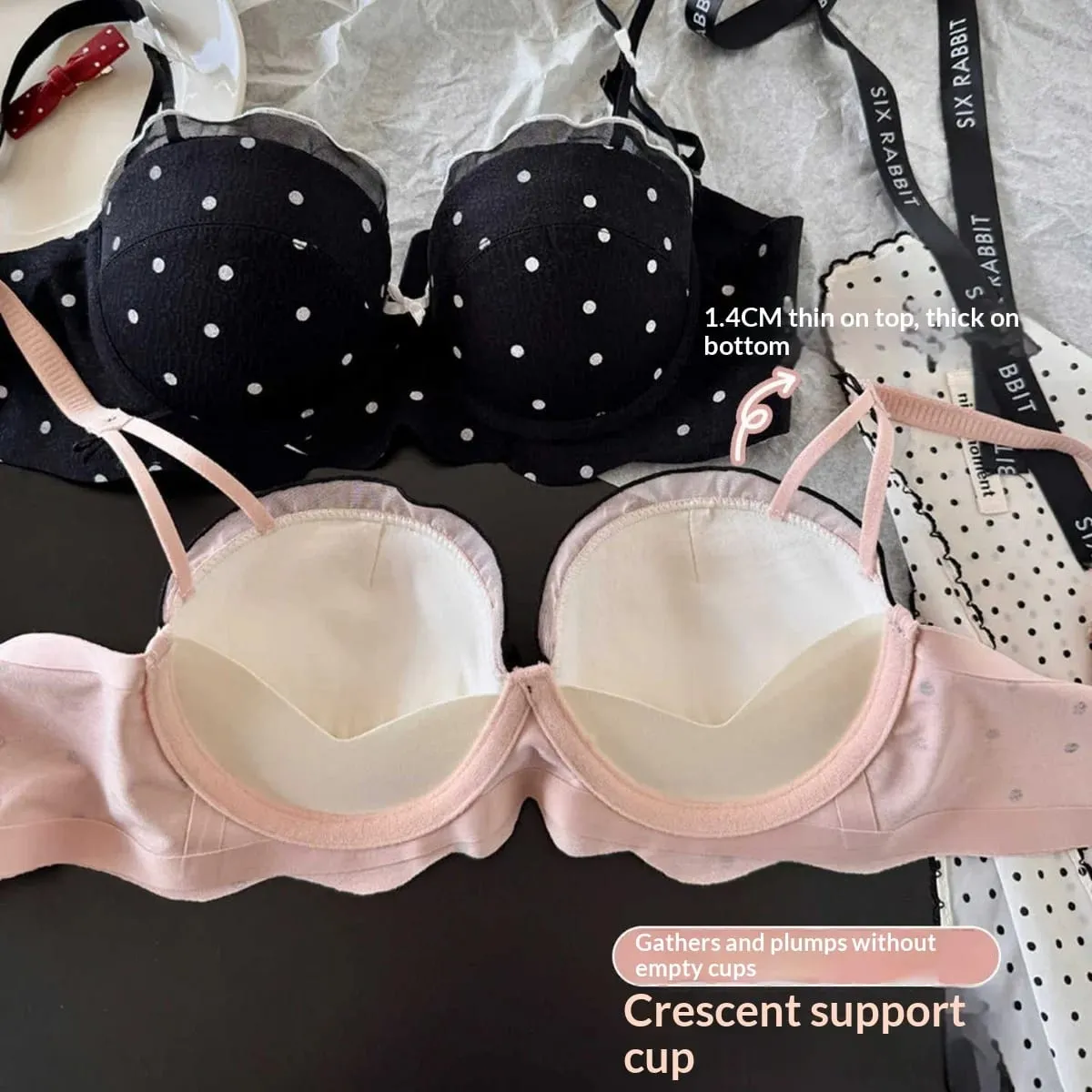 Ensemble deux pièces soutien-gorge en dentelle à pois, petit buste, Anti-affaissement, Collection de seins latéraux, ensemble de Lingerie confortable sans fil — image 5