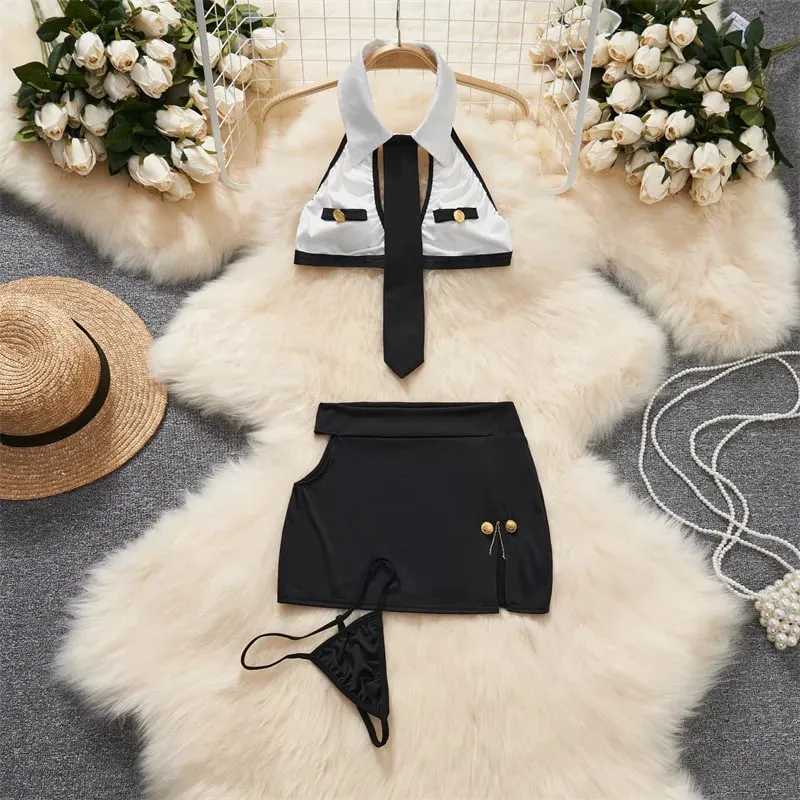 Women' Halter Neck Sleeveless Playsuit Sexy Cute Cow Black And White Contrast Bodysuit Hollow Lace Up Backless Erotic Lingerie — image 22
