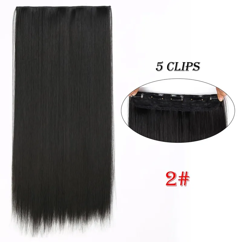 One Piece Clip In Hair Extensions 24" Straight Thick Synthetic Clip In Hairpieces Highlights Black Brown Soft For Women Daily