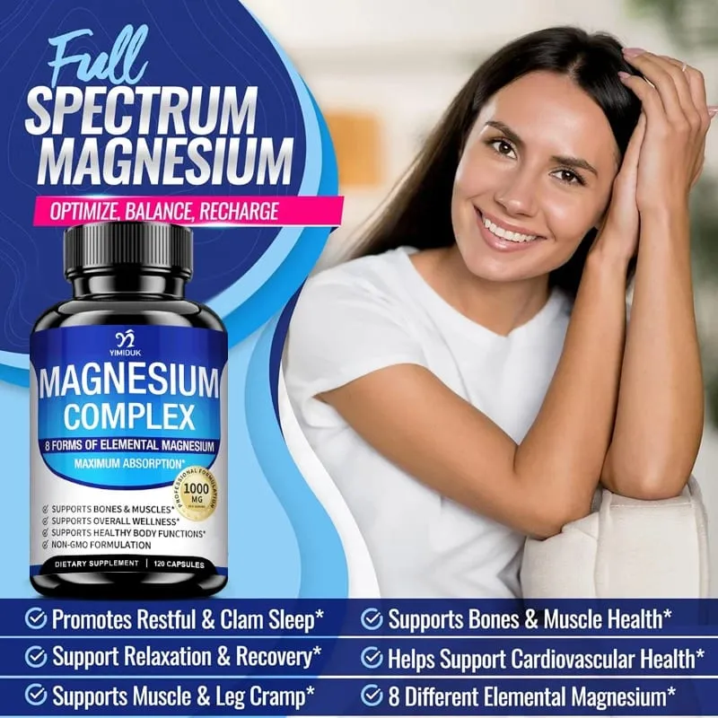Suplemen Kompleks Magnesium 1000mg -Magnesium Glycinate Citrate Malate Taurate Chelated untuk Tenaga Pemulihan Otot Tulang