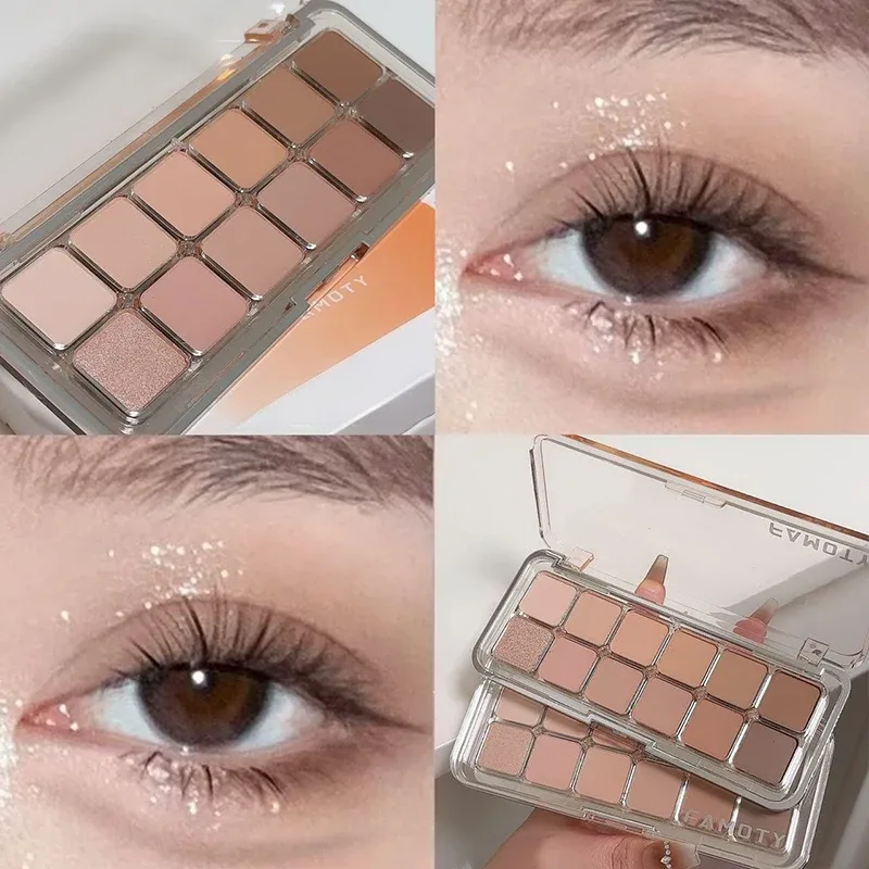 Palet Eyeshadow Matte Saturasi Rendah 12 Warna Teh Aprikot Warna Bumi Riasan Mata Matte Pearlescent Tahan Lama untuk Penggunaan Sehari-hari