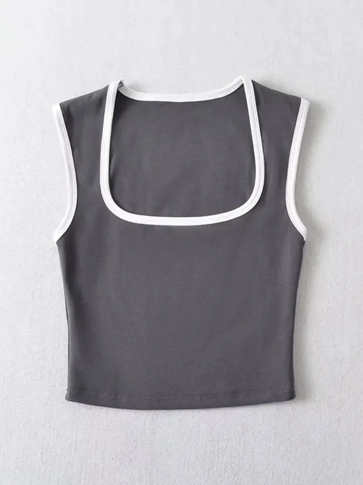 Woman Fashion Slim Solid Contrust Camis Casual Sleeveless Tanks Square Collar Crop Tops Clothing Streetwear Mujer 2024 Y2k — image 4