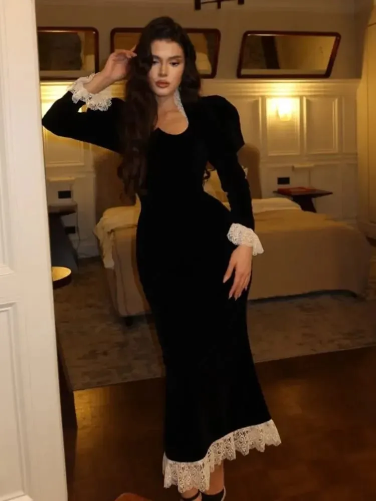 Velvet Lace Patchwork Dress Square Collar Waist Cinched Slim Fit Party Gown Robes Elegant Women Wrap Hip Fishtail Long Dresses — image 2