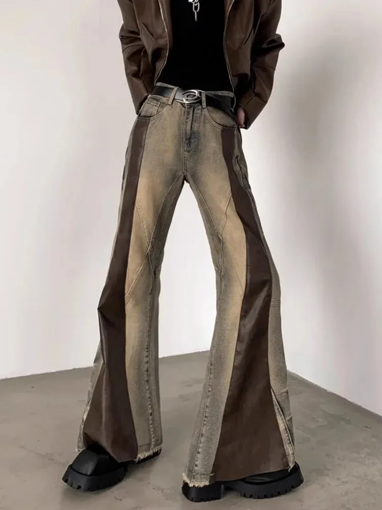 Trashy Y2K 2000S Pu Leather Patchwork Slim Flare Jeans Pants For Men 90S Vintage Clothes Colorblock Denim Trousers Moda Hombre — image 3