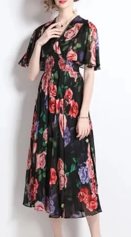 Retro Print Elegant Ruffle Short Sleeve V Neck Dress A-line Casual High Waist Women Summer Dresses — image 6