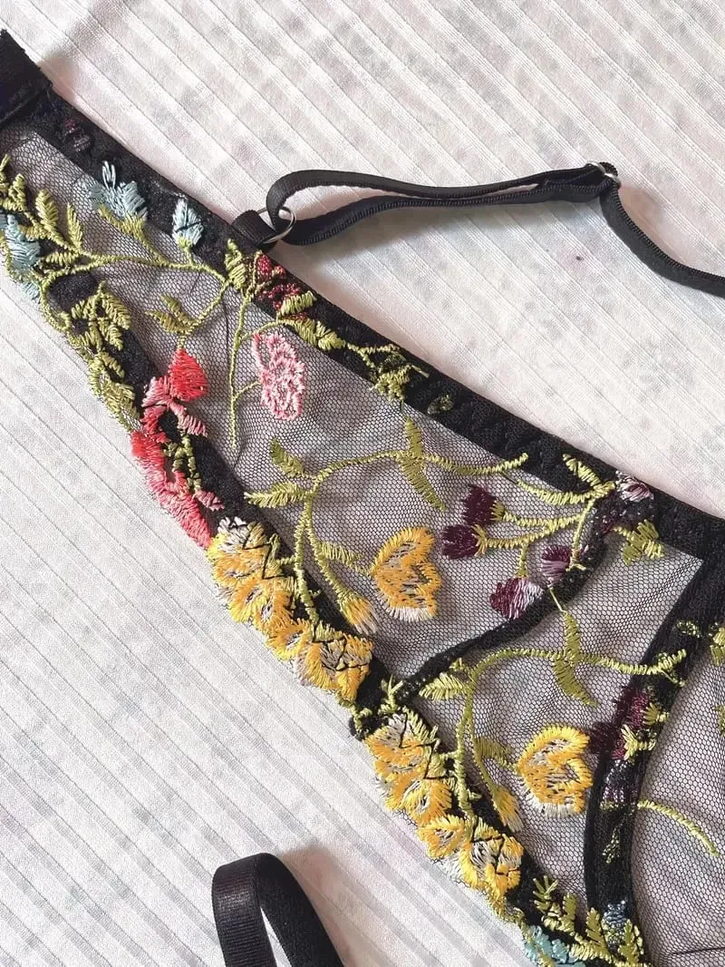 Yimunancy Floral Embroidery Lingerie Set Women Sheer 2-Piece Boho Bra + Panty Underwear Set Intimates — image 3