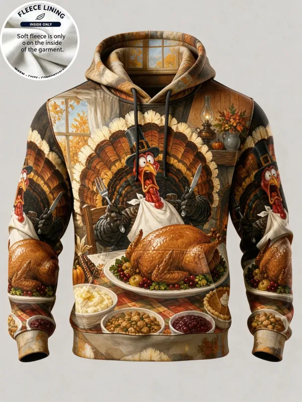 3D Print Thanksgiving Fleece-hættetrøje Kalkun Festmiddag Full Print Pullover Langærmet Kængurulomme Holiday Sweatshirt