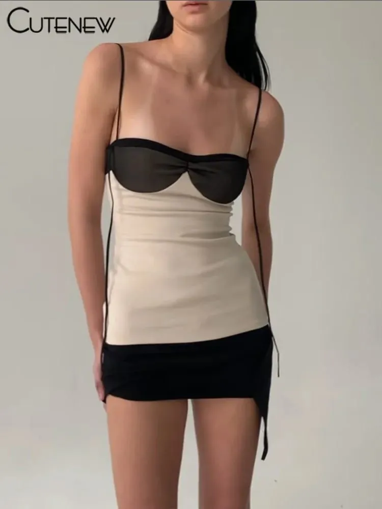 Cutenew Panelled Women Mini Dress Concise Tassel Patchwork Wrapped Chest Irregular Backless Super-Short Vestido Trend Streetwear — image 2