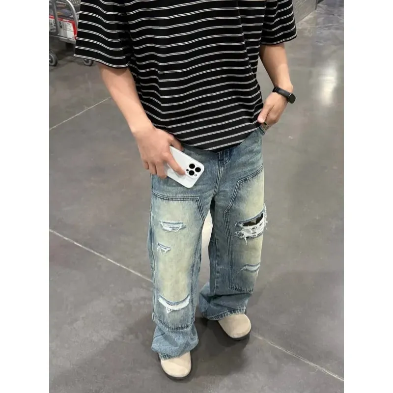 Men's Jeans Man Pants Heavy Duty Washed Multi Pocket Carpenter Style Straight Loose Denim Trousers Casual Fit High Street
