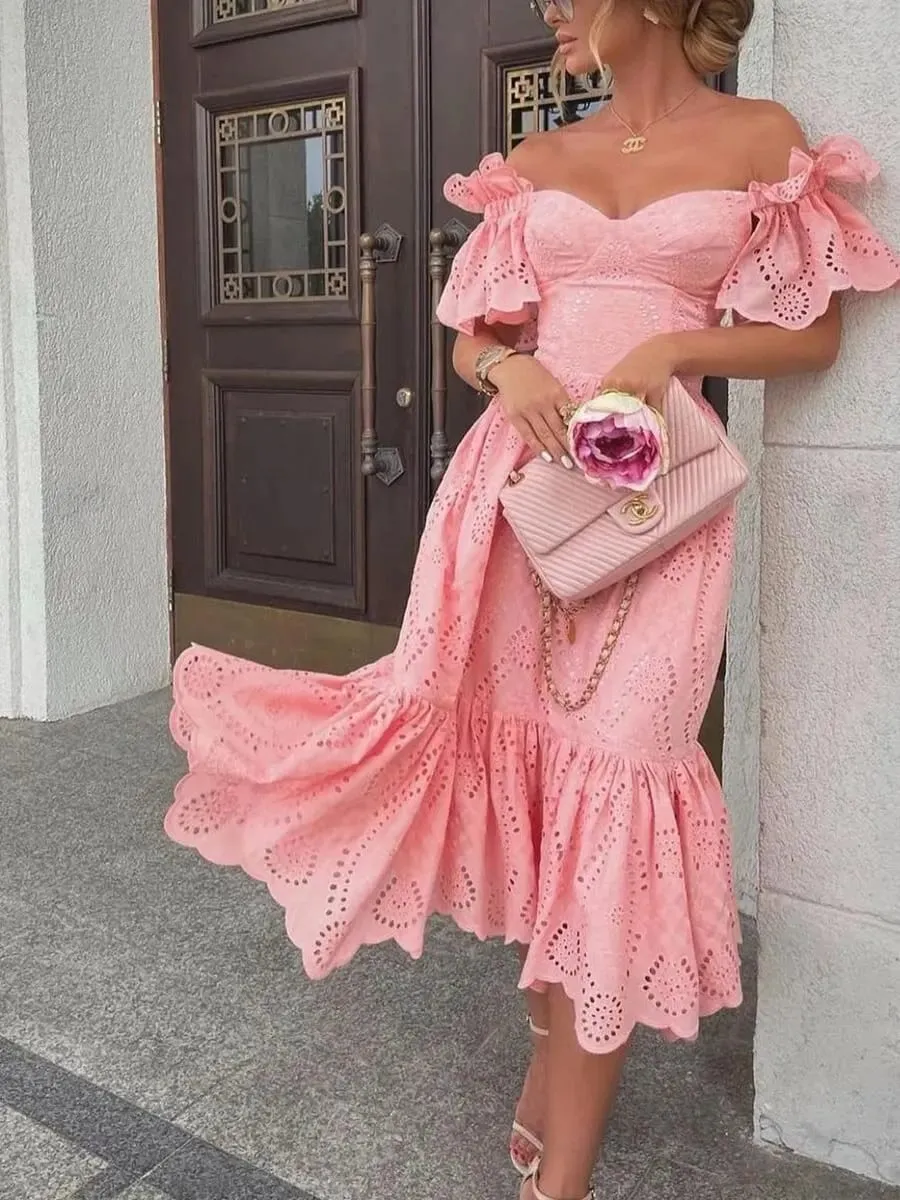 Dress Women Off Shoulder Mid Length Dresses Solid Dot Sexy Splice Tight High Waist V Neck A Line Elegant Slim Fit Vestidos — image 3