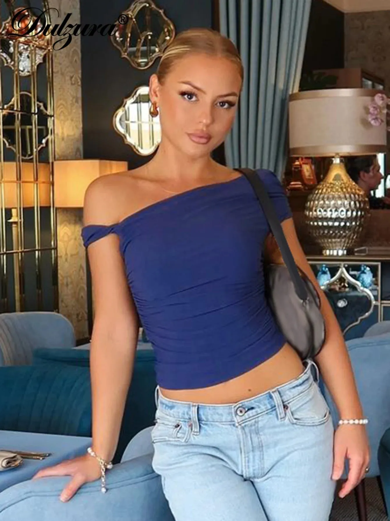 Dulzura Skew Collar Sleeveless Bodycon Ruched Tank Tops Women'S Solid Sexy Elegant Y2K Top Party Club Summer Outfit Wholesale — image 4