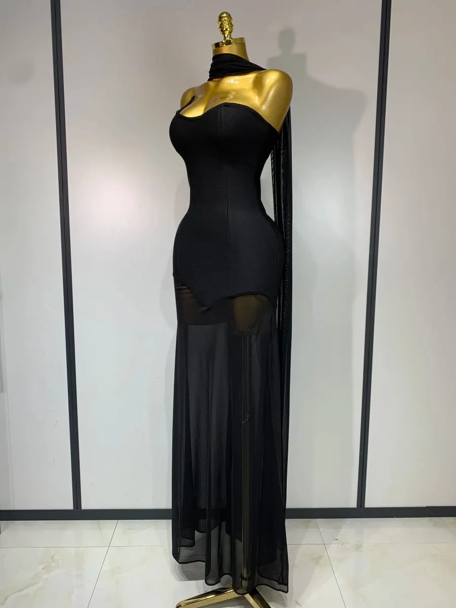 Sexy Strapless Long Bandage Dress Black Mesh Patchwork Elegant Women Blackless Evening Party Gowns Bodycon Birthday Dresses — image 2