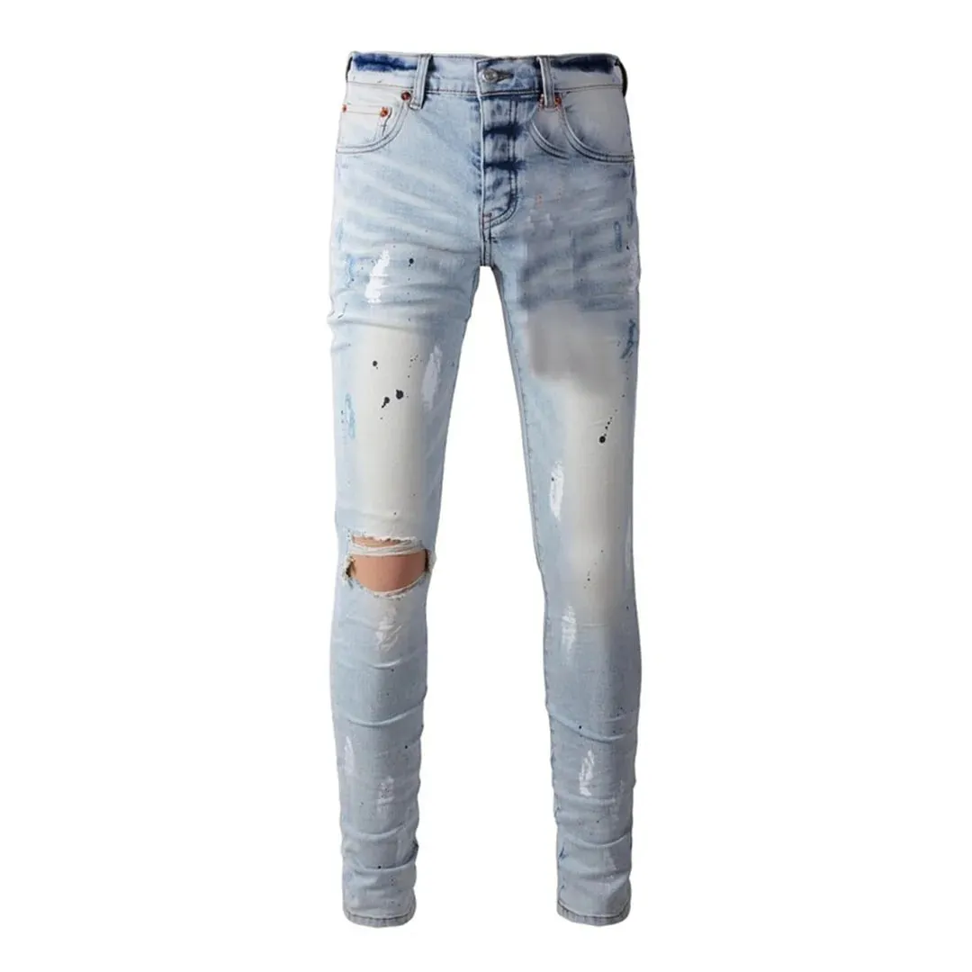 High Street Men's Jeans American Distressed Dark Black Coated Blank Stretch Skinny Button Fly Ripped Pants Trousers — image 13