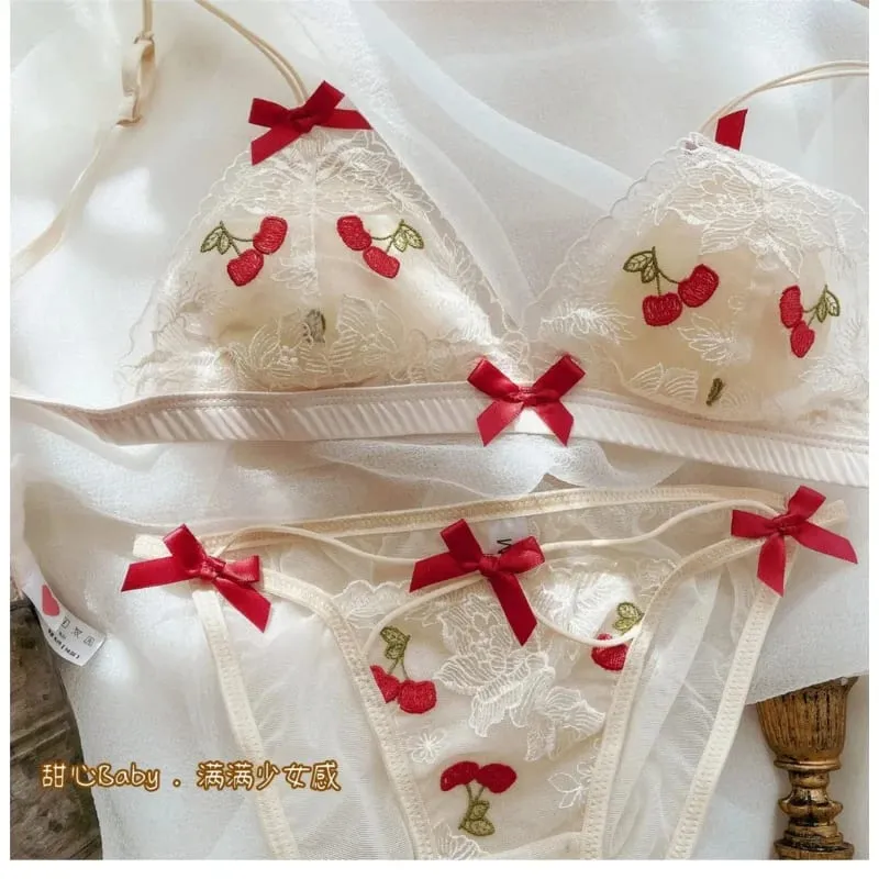 French Sexy Lace Embroidery Lingerie No Underwire Bra Set Cute Bow — image 1