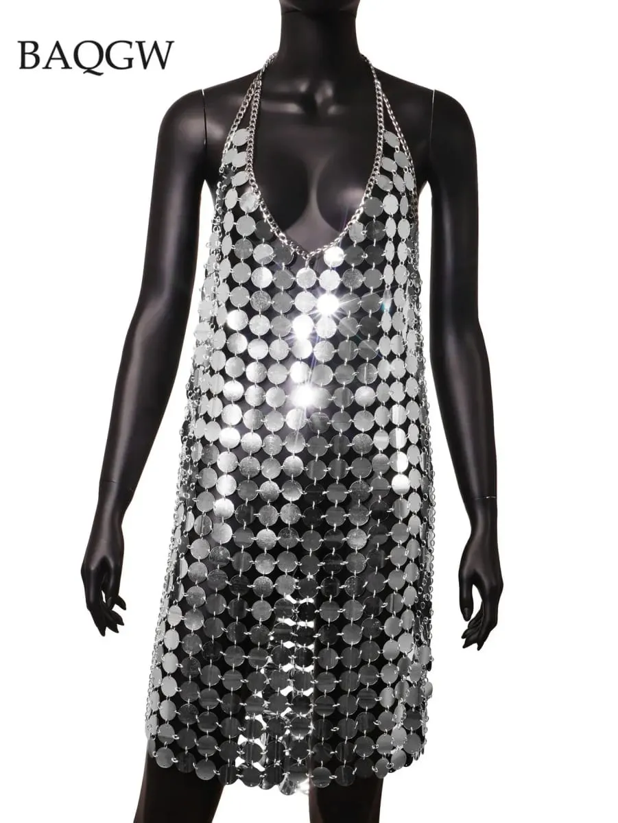 Women Fashion Sleeveless Sexy Backless Glitter Black Gold Chainmail Sequin Patchwork Mini Dresses Diana Silver Disc Dress — image 7