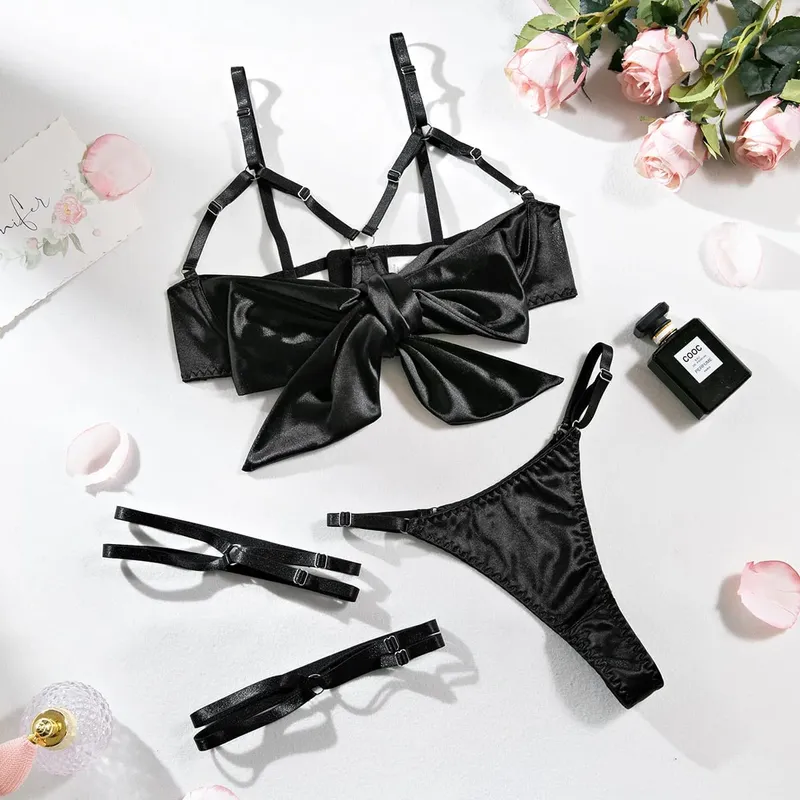 Sexy Solid Stain Lingerie Set Women's Hollow Out Bow Lace Up Exotic Apparel Suit Pure Desire Style Uniform Underwear Bra & Brief — image 8