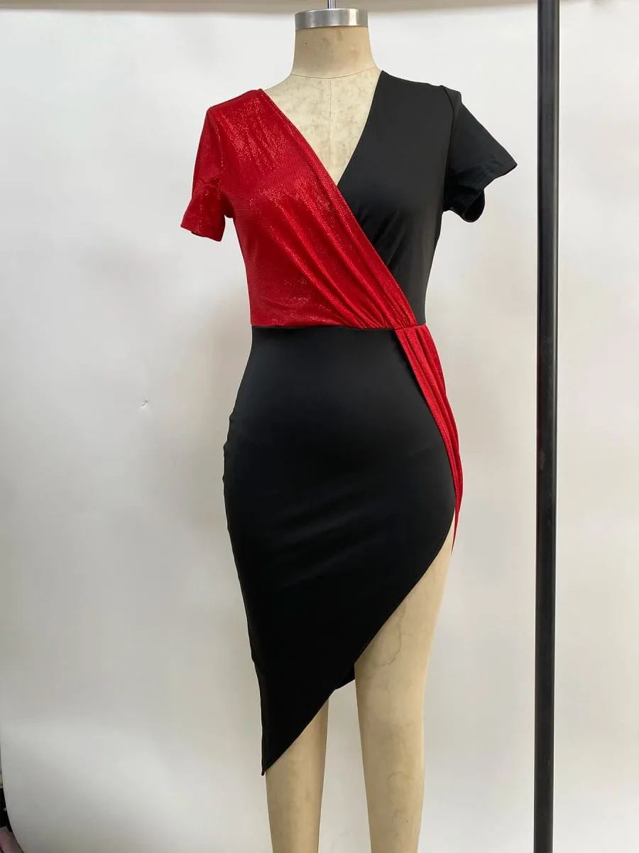 2024 bright color national wind high waist pure color temperament commuter skirt short-sleeved waist dress