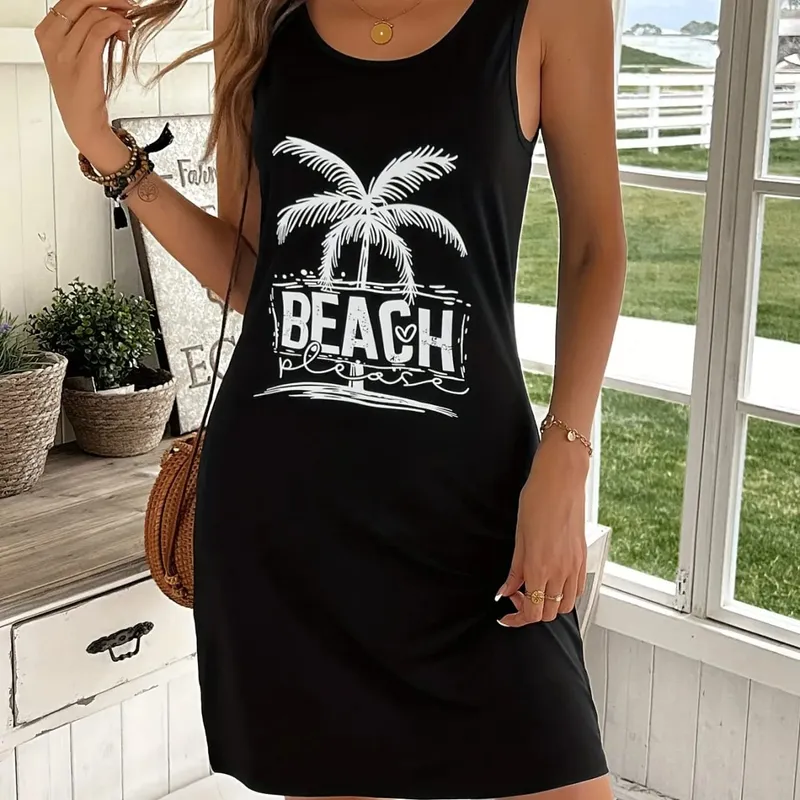 Women's summer loose and comfortable casual palm tree and beach letter printed black sleeveless vest dress punk style dress