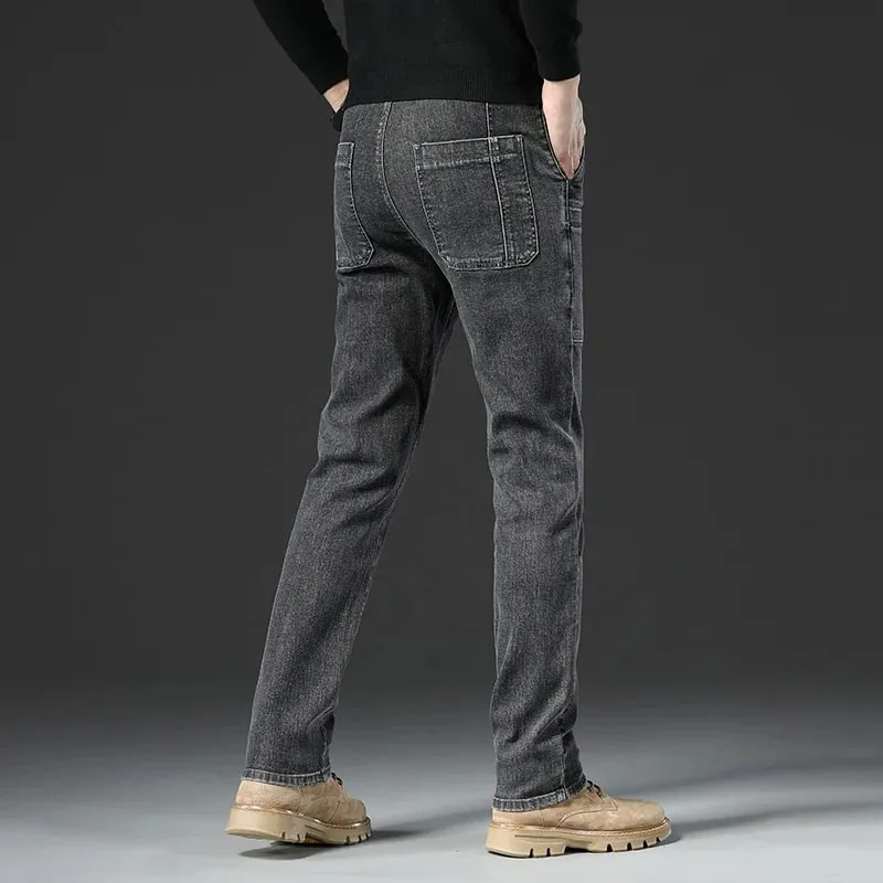 6 Pocket Design Denim Jeans Men's 2025 New High Elasticity Denim Casual Trousers Straight Male Pants Fashion Mid-waist Jeans — image 7