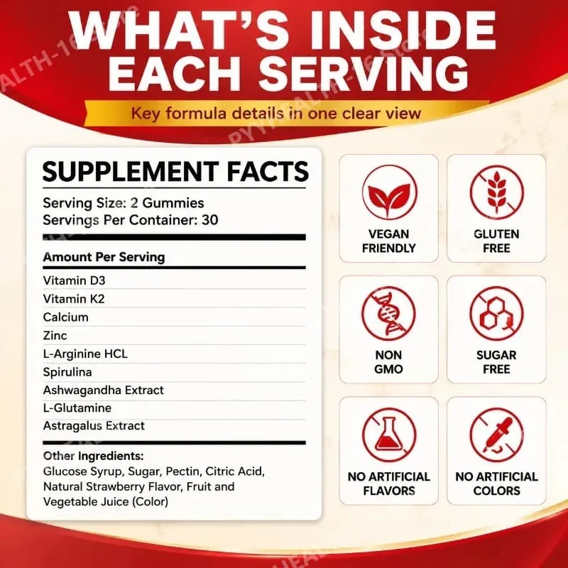 Googeer Solution de croissance 5 en 1 Gummies pour le développement osseux et le soutien de la taille Vitamine D3 K2 Calcium Strawberry Blast 60 Gummies — image 2