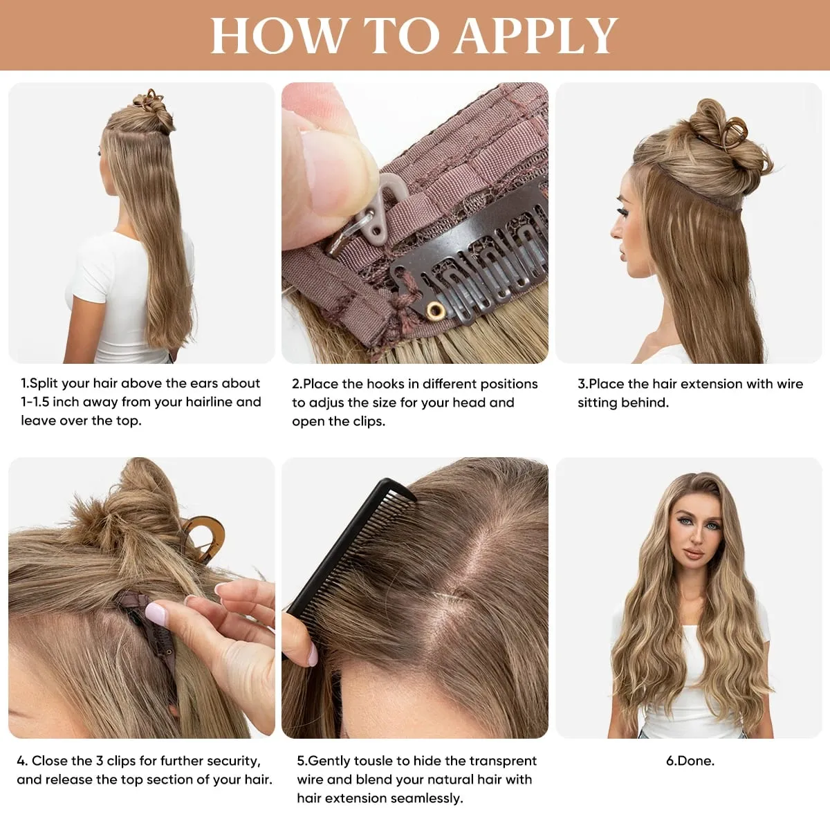 Synthetic Wave Invisible Clip in Hair Extensions Fish Line Ombre One Piece Natural Hairpiece Fake Blonde Hair Piece — image 7