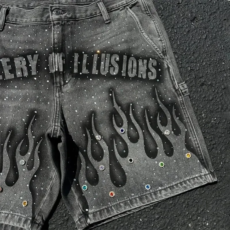 Gothic retro hot diamond denim shorts men's clothing street Harajuku Hiphop High High waiting jeans men's shorts casual pants — image 5