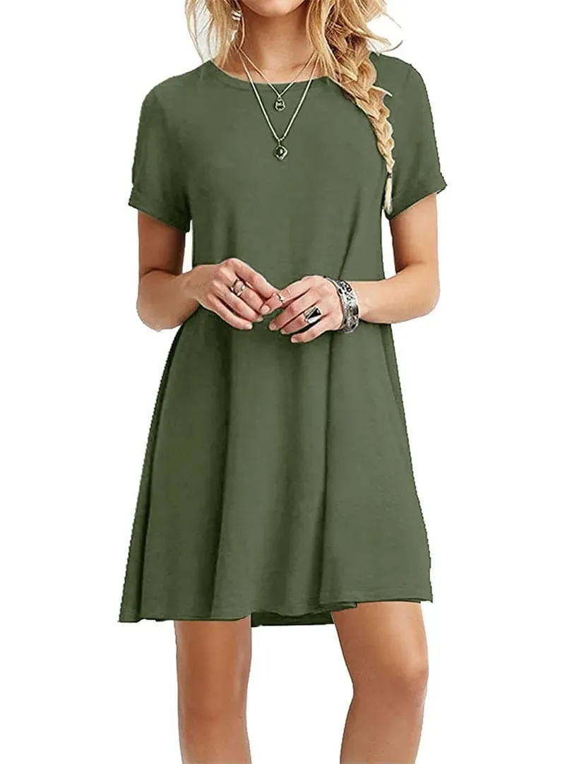 Women Mini Dress Summer Casual Boho Beach Dresses Solid Color O-Neck Short Sleeve Party A-Line Dress Vestidos QT033 — image 1